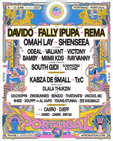 Afro Nation Portugal 2027 Phase 1 lineup poster with Davido, Fally Ipupa and Rema headlining Portimao June 9-11