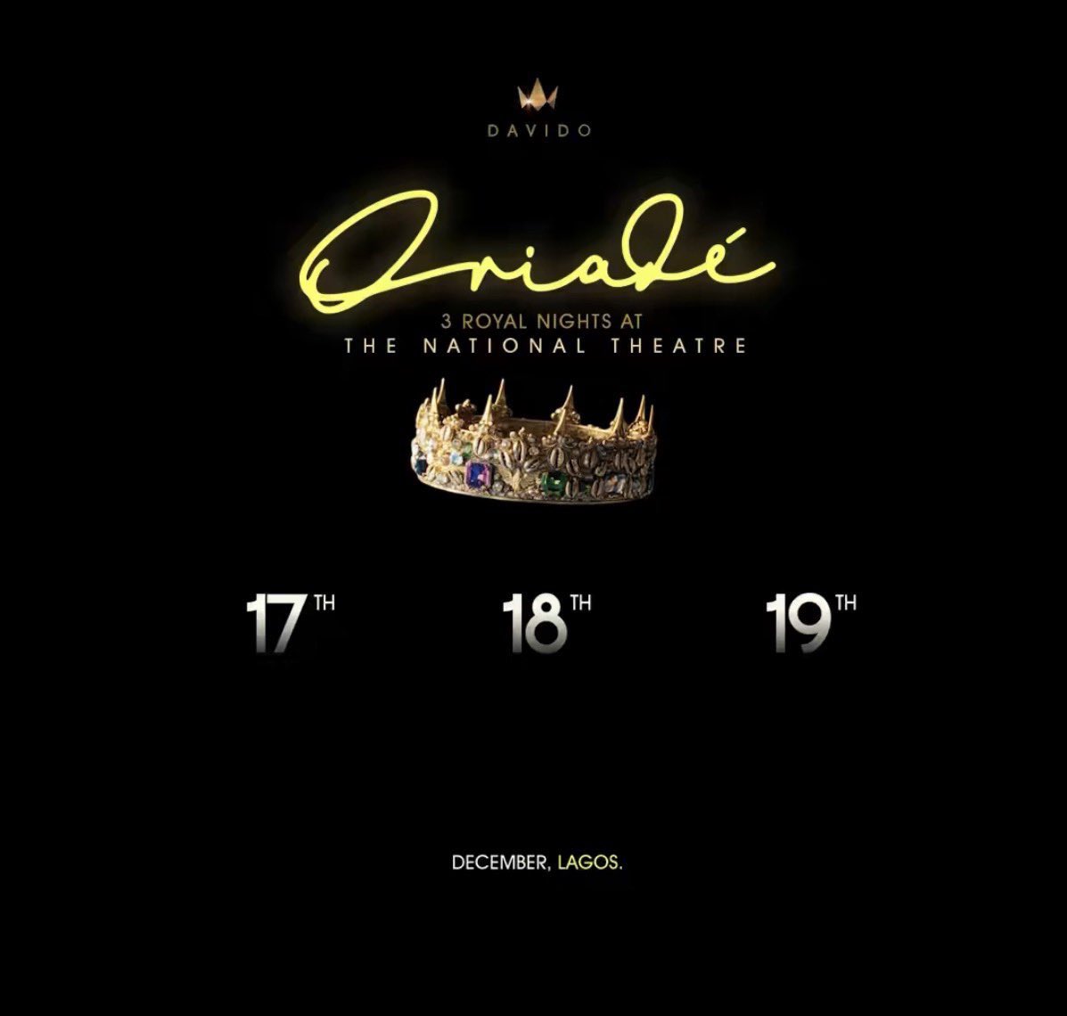 Official flyer for Davido ORIADÉ: The Residency — three nights at the National Theatre, Lagos, December 17–19