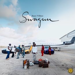 Seyi Vibez standing on an airport tarmac for the SWAGUU album cover