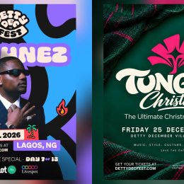 Detty December Fest posters for DJ Tunez on December 24 and Tungba Christmas on December 25, 2026, in Lagos