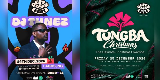 Detty December Fest posters for DJ Tunez on December 24 and Tungba Christmas on December 25, 2026, in Lagos