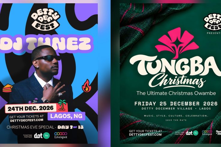 Detty December Fest posters for DJ Tunez on December 24 and Tungba Christmas on December 25, 2026, in Lagos