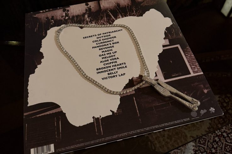 Back cover of Skepta's The Fork and Knife vinyl with the tracklist inside a map of Nigeria
