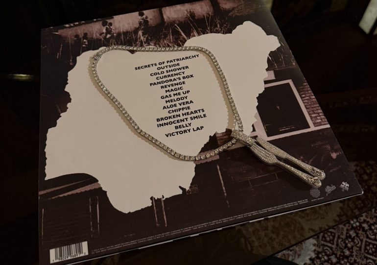 Back cover of Skepta's The Fork and Knife vinyl with the tracklist inside a map of Nigeria